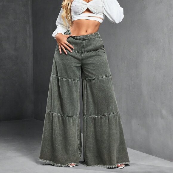 Army Green Women's Loose Boyfriend Style Distressed Hem Patchwork Denim Jeans - Picture 8 of 9